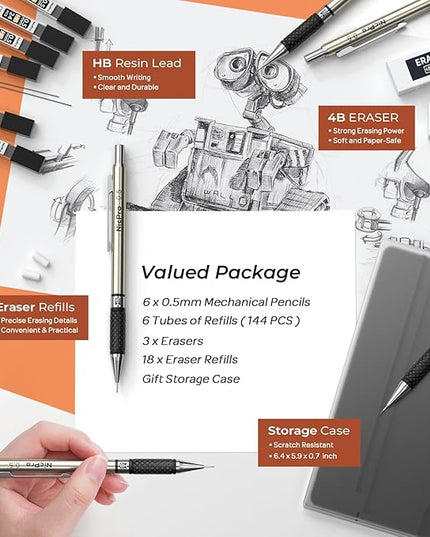 Nicpro 0.5 mm Art Mechanical Pencils Set in Case, 6 PCS Metal Drafting Pencil Lead Pencil 0.5mm with 6 Tube HB Lead Refills, 3 Erasers, 18 PCS Eraser Refills for Artist Writing, Drawing, Sketching