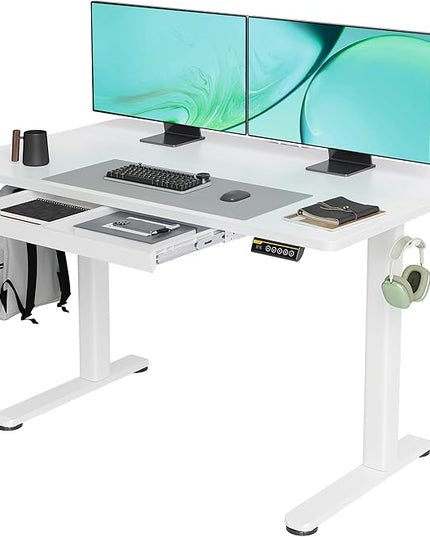 Claiks Standing Desk with Drawers, 48x24 Inch Electric Stand Up Desk, White Adjustable Height Sit Stand Computer Workstation, White