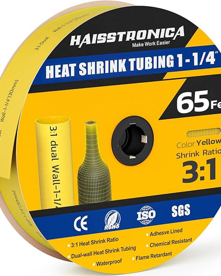 haisstronica 3:1 Heat Shrink Tubing, Shrink Ratio Adhesive Lined Marine Grade Heat Shrink Tube for Home, Automotive and Industrial (Yellow) 65FT 1-1/4inch
