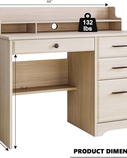 4 EVER WINNER Small Desk with Drawers, Computer Desk with File Cabinet & Monitor Stand, Home Office Desks with Drawers, Wood Writing Desk for Bedroom, Off White