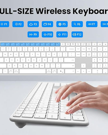 Bnnwa Wireless Bluetooth Keyboard Stainless Steel Multi-Device Full Size Keyboard with Numeric Keypad Low Profile Silent Cordless Keyboards Quiet Typing for Computer/Windows/PC/Laptop(Silver White)