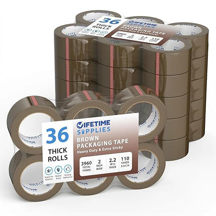Lifetime Supplies 36 Rolls [Upgraded] 2" Brown Premium Packing Tape, 110 Yards, 2.2 mil, Heavy Duty Packaging Tape for Shipping, Moving, Sealing - Stronger & Thicker