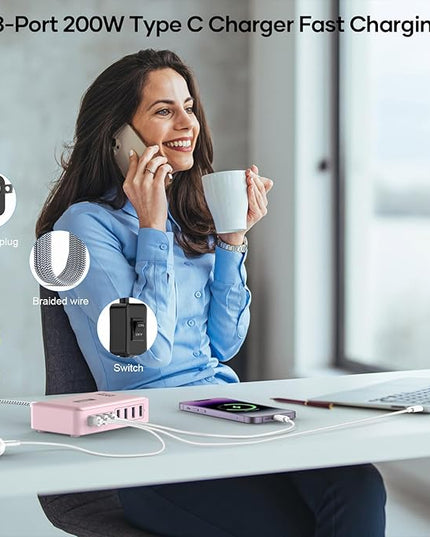 8-Port USB C Fast Charger Block 200W with Flat Plug, Braided Power Cord, and On/Off Switch- USB Charging Hub for iPhone, iPad, MacBook and More- 65W C Port Power Adapter for Laptops