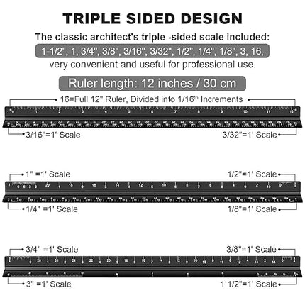 Architectural Scale Ruler Set, 2 Pack 12 Inch Aluminum Architect Ruler with Standard Metal Ruler, Imperial Architect Triangular Ruler with Etching for Architects, Engineers, Students and Draftsman