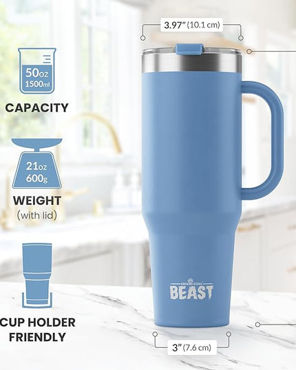 Beast 50 oz Tumbler with Handle Stainless Steel Vacuum Insulated Coffee Ice Cup Double Wall Travel Flask (Stormy Sky Blue)