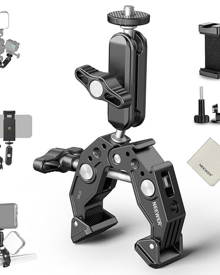 NEEWER Super Clamp Magic Arm Camera Mount with Phone Holder Action Cam Adapter Ball Heads 1/4" Threads Cold Shoe Cleaning Cloth Compatible with SmallRig GoPro for Desk Tripod Crossbar Gimbal Rod, ST83