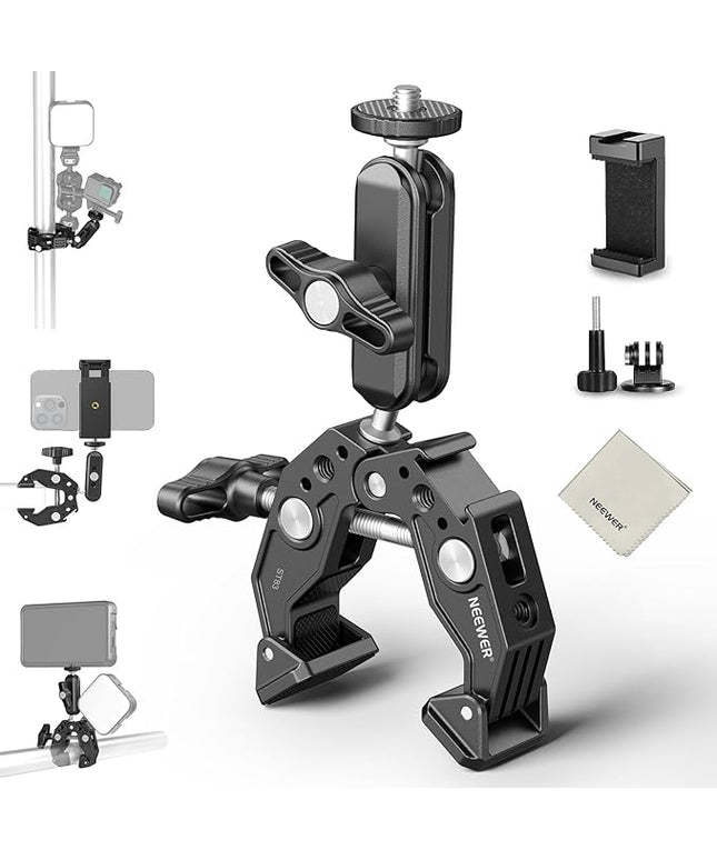 NEEWER Super Clamp Magic Arm Camera Mount with Phone Holder Action Cam Adapter Ball Heads 1/4" Threads Cold Shoe Cleaning Cloth Compatible with SmallRig GoPro for Desk Tripod Crossbar Gimbal Rod, ST83