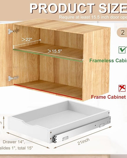 Menkxi 2 Set Pull out Tray Cabinet Organizer Wooden Pull Drawers storage Slide out Pantry Shelf for Base Cabinet Kitchen Gentle Close Fully Assembled Accessories(White,15'' X 21'' X 3'')