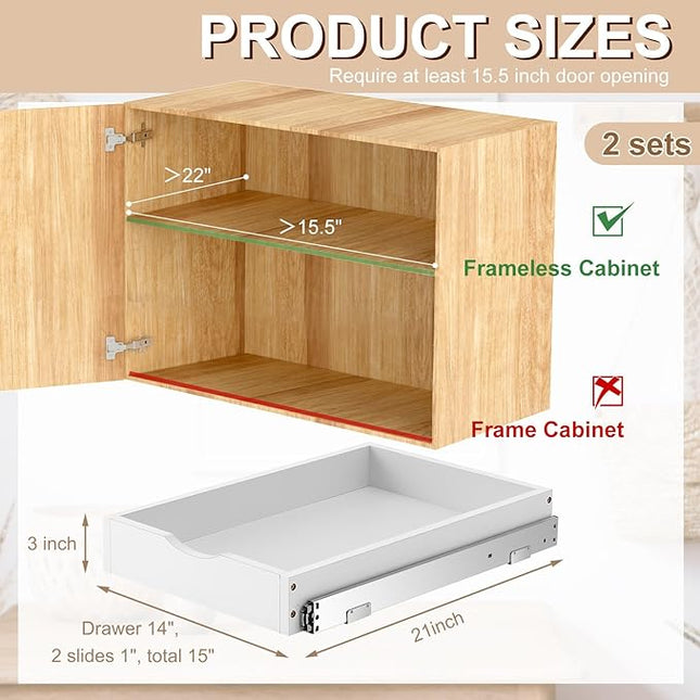 Menkxi 2 Set Pull out Tray Cabinet Organizer Wooden Pull Drawers storage Slide out Pantry Shelf for Base Cabinet Kitchen Gentle Close Fully Assembled Accessories(White,15'' X 21'' X 3'')