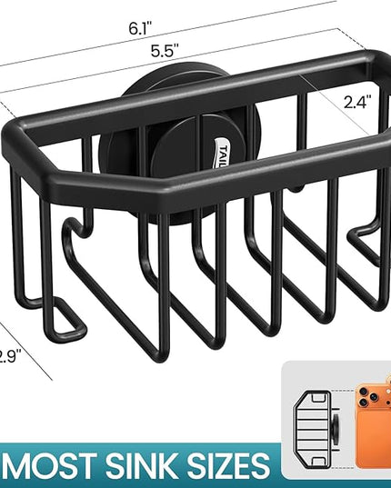 TAILI Sponge Holder for Kitchen Sink with Strong Suction Cup, Rustproof Aluminum Sink Caddy for Sponges, Brushes, Stoppers & Scrapers, Black