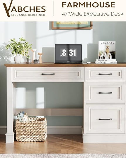 Vabches Farmhouse 47" Executive Desk with File Drawer, Computer Desk with 4 Drawers, Workstation for Study, Home Office, Writing, Unique White.