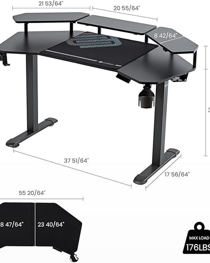 EUREKA ERGONOMIC Aero 55 Inch W Shaped Electric Standing Desk, Height Adjustable Computer Gaming Desk with LED Monitor Shelf, Mouse Pad, Headphone Hook, Cup Holder, Carbon Black