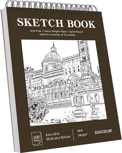 Soucolor 8" x 10" Sketch Book, 100 Sheets 8 x 10 Sketchbook, 68 lb/100gsm 8" x 10" Drawing Paper, Spiral Bound Sketch Pad, Art Paper for Drawing Painting, Art Supplies Gifts