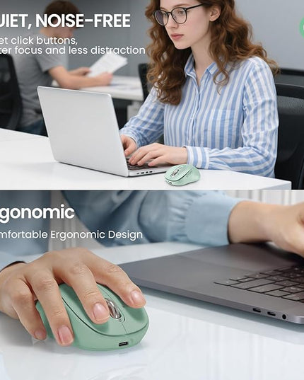 Wireless Bluetooth Mouse for Laptop,USB+BT×2,Quiet Ergo Computer Mouses,Metal 4-Way Super Scrolling,± 3200 DPI,Rechargeable,10 Button,Plug&Play,Multi Device Cordless Mice for iPad,Tablet,Mac,PC(Green)
