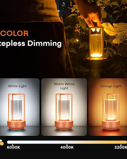 Portable Metal Table Lamp for Indoor/Outdoor ,Rechargeable Cordless LED Lamp, 3-Colour Infinitely Dimming Battery Powered Small Desk Lamp, Restaurant/Bedroom/Bar/Coffee Shop/Camping Light (Orange)