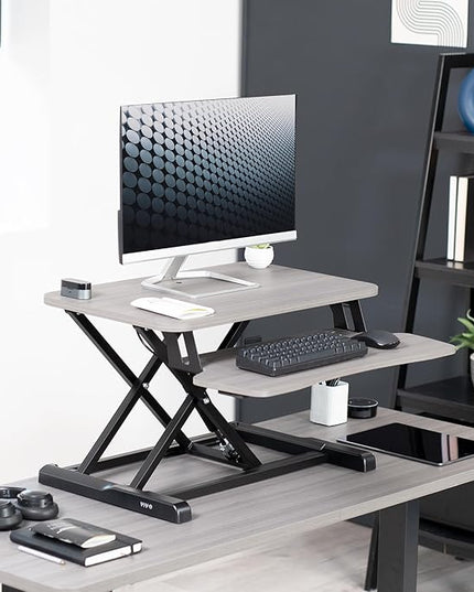 VIVO 26 inch Desk Converter, K Series, Height Adjustable Sit to Stand Riser, Dual Monitor and Laptop Workstation with Keyboard Tray, Gray Top, Black Frame, DESK-V026KG