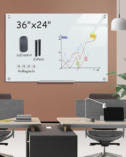 Mifuro Magnetic Glass Whiteboard，36"x24" Wall Mounted Frameless Dry Erase Board for Office, Home & School White