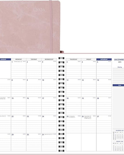 POPRUN 2026-2027 Monthly Planner A4 Size, 16 Months Calendar (Dec 2025-Mar 2027), 2 Pages per Month with Dotted & Lined Note, Monthly Tabs, Spiral Softcover, 2 Inner Pockets - Pink