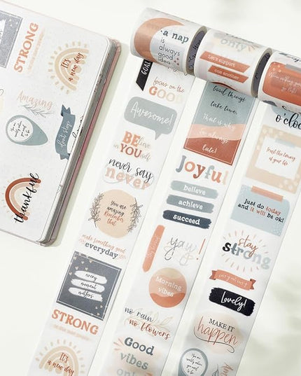 WT Motivational Washi Tape Sticker Set, 3 Rolls, Original Designs, Inspirational Frame Word Stickers, Vintage Decorative Tape, DIY Crafts, Bujo Planner Supplies, Journals Gifts, Adhesive Paper Tape