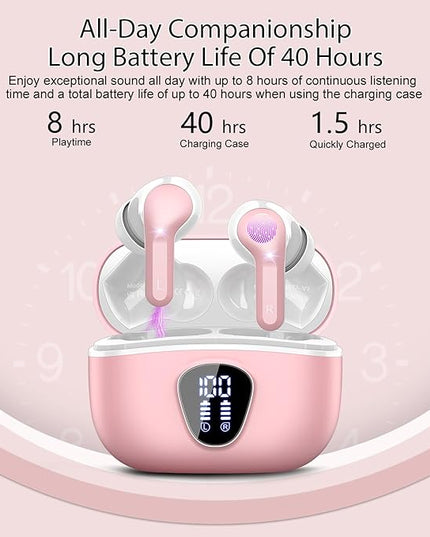 Wireless Earbuds, Bluetooth 5.4 Headphones HiFi Stereo, Bluetooth Earbuds with ENC Noise Cancelling Mic, IP7 Waterproof in Ear Earphones, 48H, LED Display Ear buds for Pad Phone Workout Sports, Pink