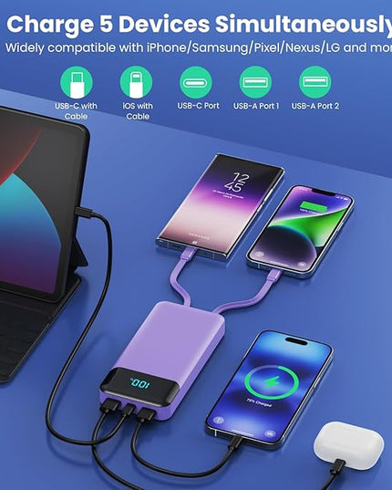 Portable Charger 40800mAh Power Bank with 3 Built-in Cables,PD 25W USB C in&Out Power Bank Fast Phone Charging,QC4.0 5 Output Travel Camping Essential Battery Pack for iPhone 17/16,Samsung etc-Purple