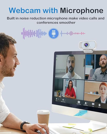 1080p White Webcam with Microphone, USB Web Camera 110-Degree View Angle Computer Camera,Webcam Tripod/Privacy Cover/USB C Adapter Include,Plug and Play Web Cam for Video Conferencing Streaming