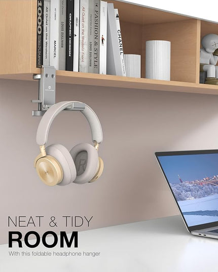 Foldable Headphone Stand and Hook – Aluminum Headset Holder Clamp Mount Under Desk, Universal Fit for Gaming Headphones, Space-Saving Hanger Organizer