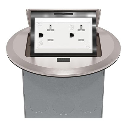 TG Round Pop-Up Floor Box Kit, 20A Tamper-Resistant Weather Resistant Receptacle Outlet, Outlet Cover Box, Watertight Gasket and Corrosive Resistant Hardware, Nickel Plated Brass, Stainless Steel