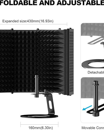 Aokeo Microphone Isolation Shield, Foldable Mic Shield with Triple Sound Insulation, Reflection Filter with 3/8" and 5/8" Mic Threaded Mount for Recording Studio, Podcasts, Singing, and Broadcasting