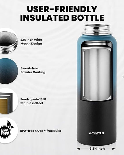 Insulated Water Bottle 40 oz, Triple Wall Vacuum Stainless Steel (Cold for 48 Hrs), Leak Proof & Non-BPA, Modern Water Flask Jug with Paracord Handle & Straw Spout Lids, Indigo/Black