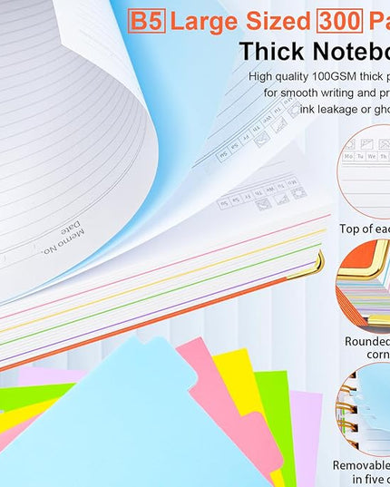 Hardcover Spiral Notebook 8"x10" Journal Notebook with Tabs and Removable Dividers 300 Pages 5 Subject Notebook College Ruled, Faux Leather Spiral Bound Notebook for Women School Work (Orange)