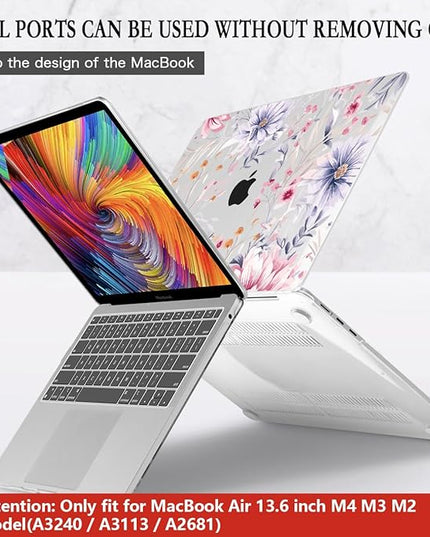 CISSOOK Flower Case for MacBook Air 13.6 Inch M4 M3 M2 Chip Model A3240 A3113 A2681, Plastic Shell Cover with Keyboard Cover Screen Protector for MacBook Air 13 2022-2025, Flowers Watercolor
