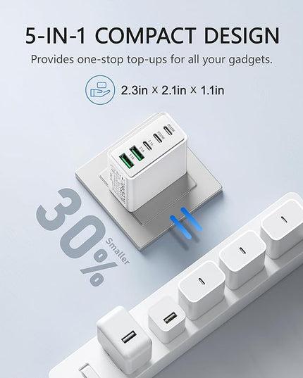 2Pack USB C Fast Charger Block,60W 5-Port USB Wall Charger Brick,2 USB A & 3 USB C PD3.0 Power Adapter Multiport Type C Charging Plug for iPhone 17/16/15/14,Pad Mini/Pro,AirPods 4,GalaxyS25(White)