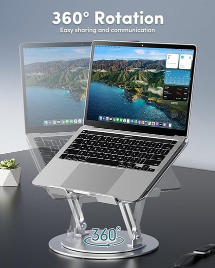 Lifelong Adjustable Laptop Stand with 360° Rotating Base, Ergonomic Computer Stand for Desk, Foldable & Portable Laptop Riser Holder Fits All MacBook, Laptops 10-16 Inches, Silver