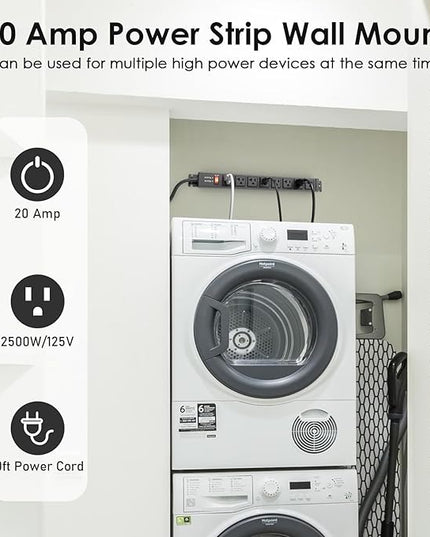 JUNNUJ 20 Amp Power Strip Surge Protector 4800J, Heavy Duty 8 Outlet Metal Multi Angle Mount, 20A Garage Power Strip Shop 6-20R T-Slot, 5-15P Plug 12 Gauge Extension Cord 10ft for Appliance