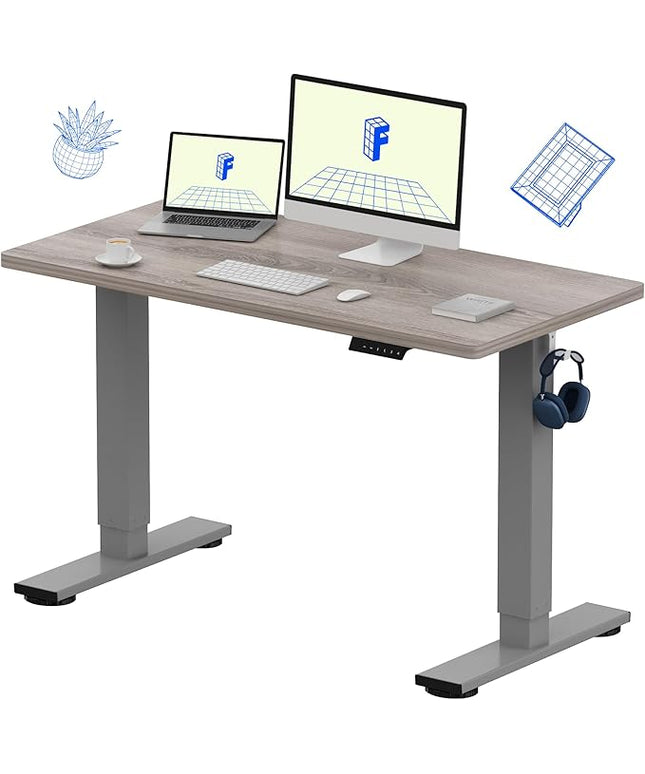 FLEXISPOT EN1 One-Piece Standing Desk 48 x 24 Inches Height Adjustable Electric Desk (Silver Frame + Grey Wood Grain Top, 2 Packages)