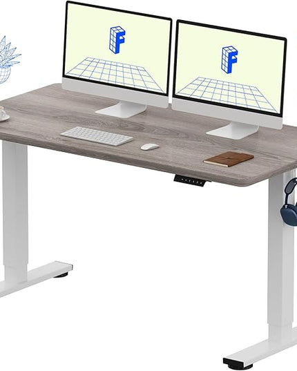 FLEXISPOT EN1 One-Piece Standing Desk with 1-Inch Thick Seamless Desktop, 55"x28" Electric Height Adjustable Desk for Home Office, Multi-Monitor Setups & Easy Assembly, Gray Wood