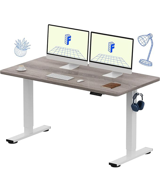 FLEXISPOT EN1 One-Piece Standing Desk with 1-Inch Thick Seamless Desktop, 55"x28" Electric Height Adjustable Desk for Home Office, Multi-Monitor Setups & Easy Assembly, Gray Wood