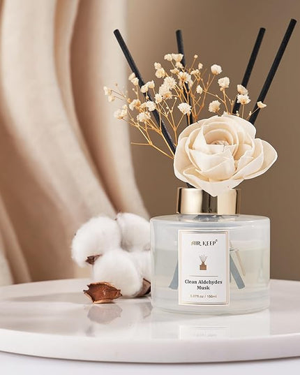 Airkeep Flower Reed Diffusers Set, 5.07 oz Clean Aldehydes Musk Scented Oil Diffuser with 8 Reed Sticks, Home Fragrance Diffuser Gift Set for Bathroom & Office Decor 150ml