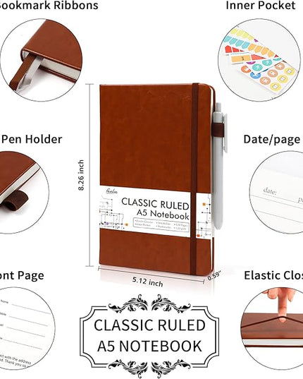 12 Pack Notebooks Journals Bulk with 12 Black Pens, Feela A5 Hardcover Notebook Classic Ruled Journal Set with Pen Holder for School Business Work Travel Writing, 120 GSM, 5.1”x8.3”, Brown