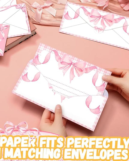 TaoBary 160 Pcs Stationery Paper Set 50 Double Sided Stationery Papers with 50 Matching Envelopes and 60 Round Dot Sticker, 10 Design(Pink Bow,8.5 x 11 Inch)