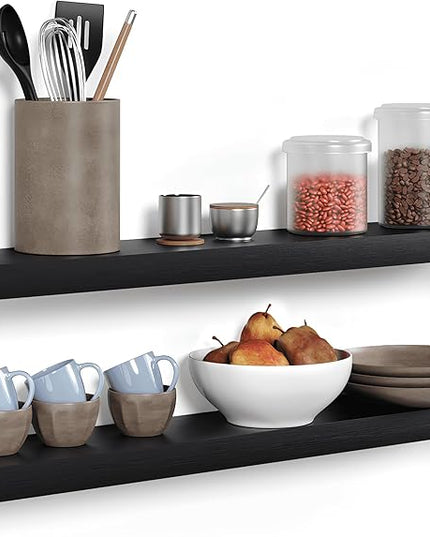 Homeforia Black Floating Shelves 36 inches Long, High End Solid Real Wood 36 inch Floating Shelf for Wall Mounted, Black Wooden 36in Floating Shelves, Heavy Duty Bracket, 36 X 6.5 X 1.75 in, Set of 2