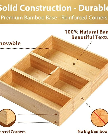 Umilife Drawer Organizer Storage Boxes, 2.5" High Bamboo Drawer Dividers, 3 Rearrangeable Bins for Kitchen, Office Desktop, Clothing, Makeup, vanity, Jewelry