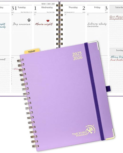 POPRUN Academic Planner 2025-2026 (July 2025-June 2026), Daily Weekly and Monthly Appointment Book (Wirebound Hard Cover - 10'' x 8'') with Hourly Time Slots, Tabs, 100 GSM - Violet