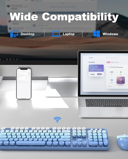 MOFII Wireless Keyboard and Mouse Combo, Full Size 2.4G Plug and Play Typewriter Retro Round Computer Keyboard and Mouse Set for Windows, Computer, Desktop, PC, Notebook - (Blue Gradient)