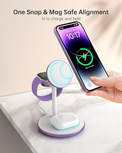 XooFly 3 in 1 Wireless Charging Station for Apple Devices, Fast Wireless Mag-Safe Charger Stand with 20W Adapter for iPhone 17/16 15 14 13 12 Pro Max/Pro/Plus/Air/Mini, iWatch, AirPods (Lavender)