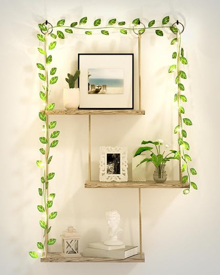 Hanging Shelves for Wall, 3 Tier Boho Wall Decor Hanging Shelf with Vine Lights