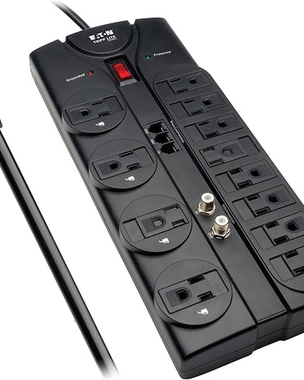 Eaton Tripp Lite TLP1208TELTV Home Theater Surge Protector Power Strip, 12 Outlets, Flat Plug 8ft Extension Cord, 2160 Joules| Coax and RJ11 Ports for Phone Land Line, TV, and WiFi Router Protection