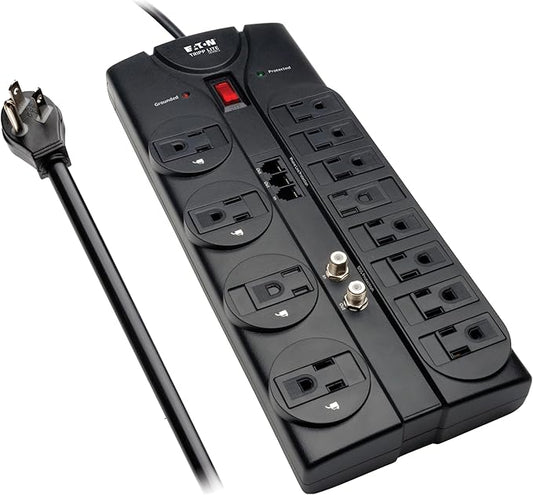Eaton Tripp Lite TLP1208TELTV Home Theater Surge Protector Power Strip, 12 Outlets, Flat Plug 8ft Extension Cord, 2160 Joules| Coax and RJ11 Ports for Phone Land Line, TV, and WiFi Router Protection