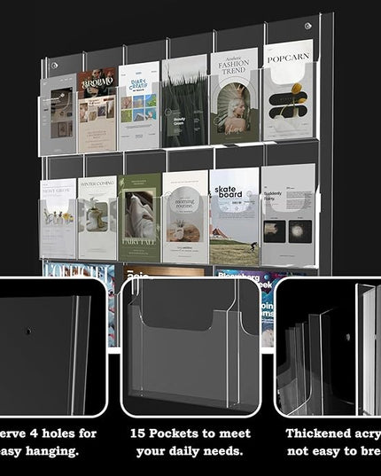 Acrylic Brochure Pamphlet Holder, 3 Magazine Holders and 12 Pamphlet Holders, Clear Brochure Display Holder Wall Mount, Trifold Flyer Rack, Literature Storage Rack for Home, Offices, Waiting Room